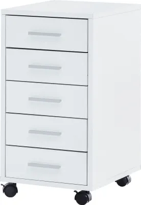 A white filing cabinet with five drawers on wheels.