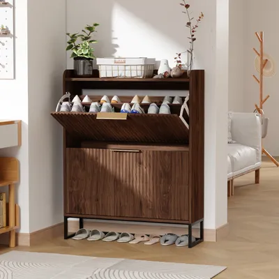 Produktbild von FCH Schuhschrank,Schuhregal,2 Kippeimer, Deckel mit Prallblech, Spanplattengehäuse, MDF-Gittertür, Eisenfüße, 80*24*101,3cm, Nussbaum