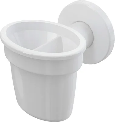 A white bathroom accessory, likely a toothbrush holder, mounted on a wall.