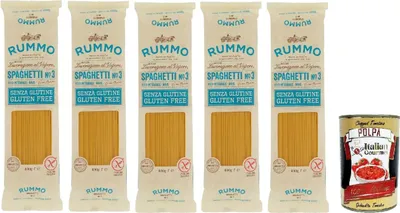 Produktbild von Rummo Pasta Nudeln Glutenfreie Spaghetti, Bronze Gezeichnete gluteinfrei, perfekt für Menschen mit Zöliakie oder Glutenunverträglichkeit, 5x 400 g + Italian Gourmet polpa 400g