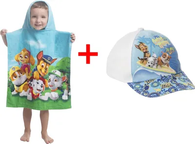 Produktbild von Paw Patrol Geschenk Set für Kinder - Badeponcho mit Kapuze 50x115 cm & Weiße Kappe 54
