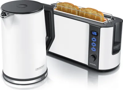 Produktbild von Arendo Frühstücksset, Wasserkocher mit Temperatureinstellung, Edelstahl, 2200W, 1,5L + Toaster 2 Scheiben, Langschlitztoaster 2 Scheiben, Langschlitz, 1000W, Weiß