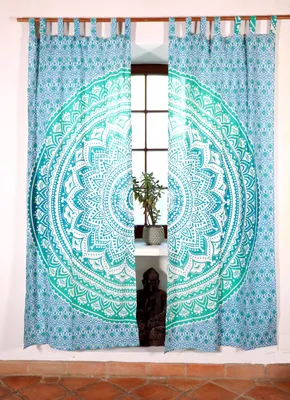 Produktbild von Boho Vorhänge, Gardine (1 Paar ) mit Schlaufen, Handbedruckter Ethno Style Vorhang, Mandala Motiv - Türkis/blau, Baumwolle, 230*100*0,2 cm, Dekovorhänge