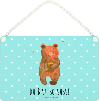 Produktbild von Mr. & Mrs. Panda Schild Bär Honig DIN A4 - Blau Pastell - Geschenk, kleine aufmerksamkeit, Partner, Teddy, Wandbild Holz, Liebe, Freund, holzbild, wandtafel, Türschild