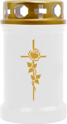 Produktbild von Grabkerze Weiß ( Druck Gold ), Brenndauer: 40 Stunden, Motiv: Rose Kreuz