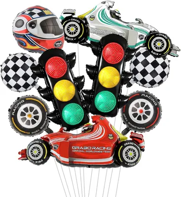 Productafbeelding van Autoballonnen - Set van 9 - Ballonnen - Autodecoratie - Verjaardag - Racewagen - Folieballonnen - Verkeerslichtje