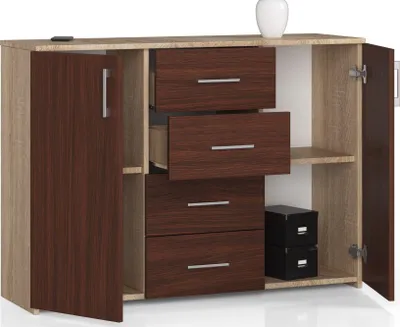 Produktbild von Kommode mit 4 Schubladen & 2 Türen, 110x80x35, Wohnzimmer, Eiche Sonoma / Venga