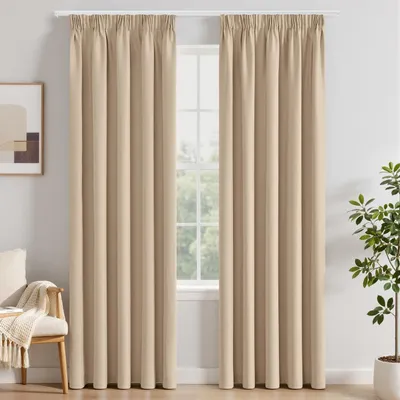 Produktbild von Verdunklungsvorhänge mit Faltenband – Hellbeige – Lichtundurchlässig – 225 cm lang – Thermovorhänge – Set aus 2 Stück – Verdunkelung für Schiene