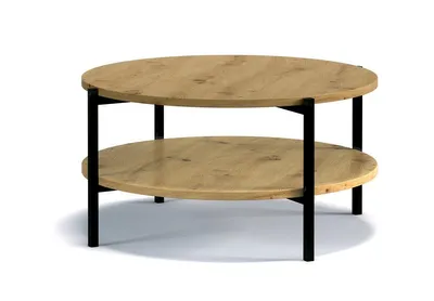 Produktbild von Runder Couchtisch Sampi 84 cm Eiche Artisan mit Ablage – Moderner Wohnzimmertisch im skandinavischen Design mit Metallgestell und runder Tischplatte i