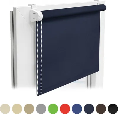A dark blue roller blind installed on a white window frame.
