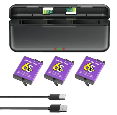 Immagine prodotto di Batteria per fotocamera, agli ioni di litio ad alta capacità, caricabatterie a 3 slot, confezione da 3 batterie e caricabatterie
