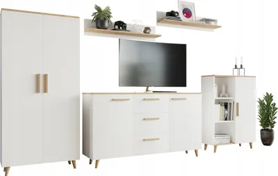 Produktbild von MATKAM Wohnzimmermöbel-Set MALMO, 5-teilig, 2 x Wohnzimmerkommode, 1 x Schrank, 2 x Hängeregale, Hochwertige Materialien, (Weiß-Artisan Eiche)