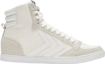 A white high-top sneaker with light gray accents.