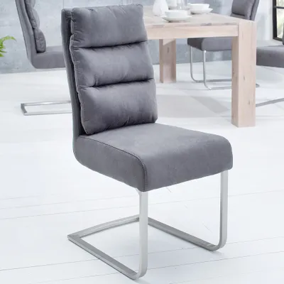 Produktbild von Design Freischwinger Stuhl COMFORT vintage grau Esszimmerstuhl Flachstahl aus gebürstetem Edelstahl Stuhl