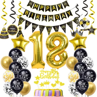 Image de Ensemble de ballons pour décoration - Avec le chiffre 18 - Pour les fêtes d'anniversaire - Noir et or
