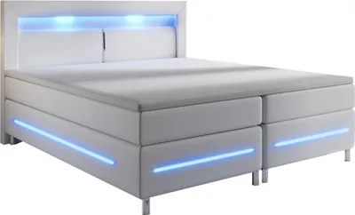 Produktbild von Juskys Boxspringbett Norfolk 200 x 200 cm – LED Beleuchtung, Bonell-Matratzen, Topper & Kunstleder – 66 cm Komforthöhe – Weiß – Bett Doppelbett