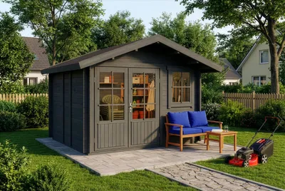 Produktbild von Alpholz Gartenhaus Palermo 331x331cm Imprägn. Grau mit Boden 28mm Wandst.