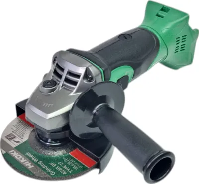 A cordless angle grinder with a grinding wheel attached, shown against a white background.