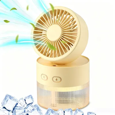 Produktbild von 3-in-1 Sprühventilator Tisch, mit Sprühnebel, Nebel Licht, Tragbarer Ventilator, 3 Windmodi, USB-aufladbar, für Tischventilator,Büro,Schlafzimmer,Gelb