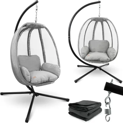 Produktbild von deluxe4home® Hängesessel mit Gestell Hellgrau I Hängekorb mit Kissen & Kuscheldecke I Hängeschaukel Sessel Indoor & Outdoor I Terrassenschaukel
