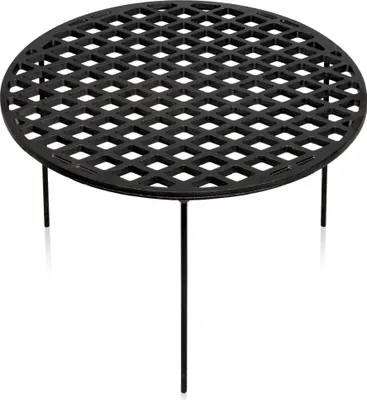 A black cast iron grill grate with three legs, shown from a slightly elevated angle against a white background.