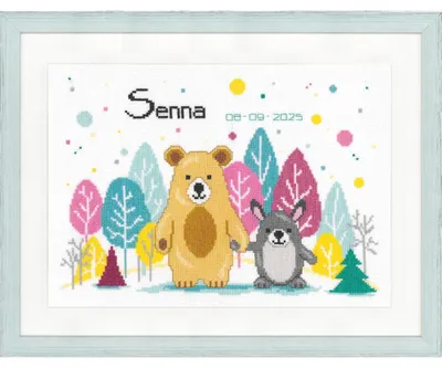 Obrázok produktu pre Sada na výšivku Vervaco technikou krížikov, "Medveď a zajac v lese", s počítacím vzorom, tkanina Aida 14, rozmer 32x22 cm