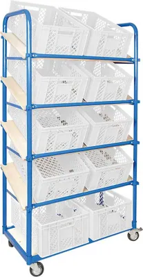 Produktbild von Schrägboden-Regalwagen mit 5 Ebenen, bestückt mit 10 Euroboxen durchbrochen 600x400x240 mm weiß