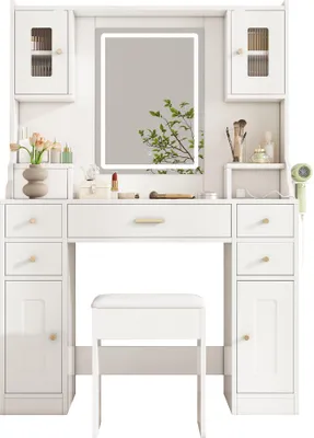 Image de OKWISH Coiffeuse - Table de Maquillage avec 6 Tiroirs, 4 Portes, Éclairage LED et Miroir, Prises Intégrées, MDF, 105x40x152 cm - Blanc