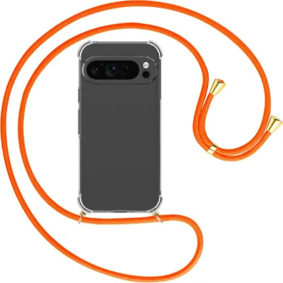 Produktbild von Handykette Backcover-Schutzhülle mit Band (Metall goldfarben) für Google Pixel 9 Pro - neonorange