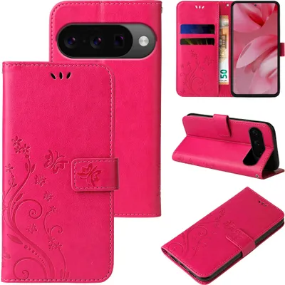 Produktbild von Handyhülle für Google Pixel 10 Floral Blumen Schmetterling Flip Cover Hülle Case Klapphülle Handytasche Farbe: Pink