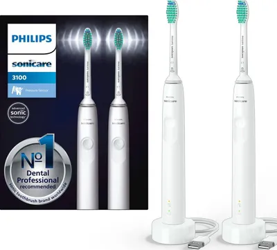 Produktbild von Philips Sonicare 3100 elektrische Zahnbürste, Schallzahnbürste, Andruckkontrolle und Timer, Weiß, Zweierpack, Modell HX3675/13