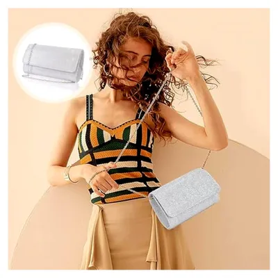 Produktbild von Silberne Clutch,Clutch für Damen,Glitzer Abendtasche,Kettentasche,Clutchs mit Abnehmbarem Kettenriemen für Hochzeit,Braut,Abschlussball,Cocktailparty,Abendtasche für Damen