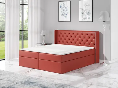 Produktbild von Boxspringbett BARO 180x200 mit 2 Bettkästen, Bonell-Matratze und Topper. Dekorative Stifte an den Seiten der Kopfstütze. Bett Komplett-Set mit Matratze,Bettkasten & Kopfteil. Stoff Eko Cayenne. Elegantes Bett mit massives Kopfteil.