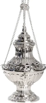 Produktbild von 32cm Weihrauchfass Messing Vernickelt Kette 40cm Inneschale Ø 18cm Brenner 3313