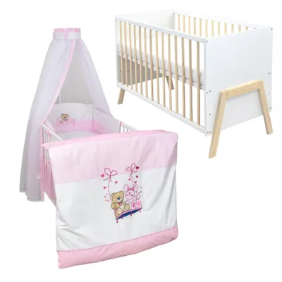 Produktbild von Babybett Kinderbett Gitterbett Juna 60x120 Weiß Schutzgitter Matratze Bettwäsche Set 10tlg Schaukelfreunde