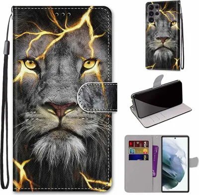 Produktbild von König Design Hülle kompatibel mit Samsung Galaxy S22 Ultra 5G Kunstleder Handyhülle - Handy Case Spaltlöwe