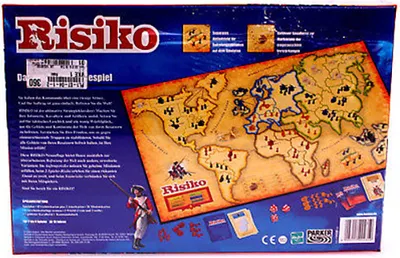 The back of a board game box for Risiko, showing the game board, game pieces, and descriptive text.