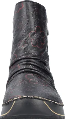 A close-up front view of a black boot with a floral pattern.
