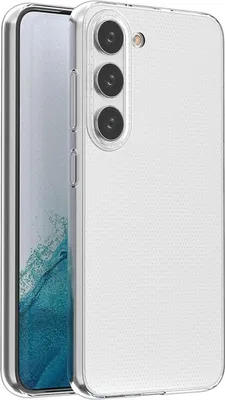 A clear protective case for a Samsung Galaxy S23 Plus phone, shown from the back.
