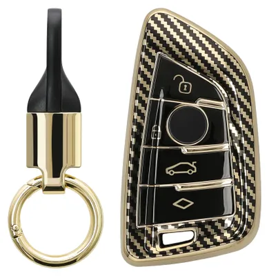 Produktbild von kwmobile Autoschlüssel Hülle kompatibel mit BMW 3-Tasten Smart Key Autoschlüssel Hülle - Schlüsselhülle mit Key Ring Anhänger - Cover Gold Schwarz