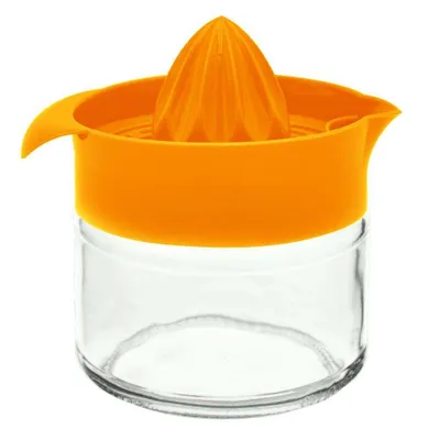 A product shot of an orange and clear citrus juicer on a white background.