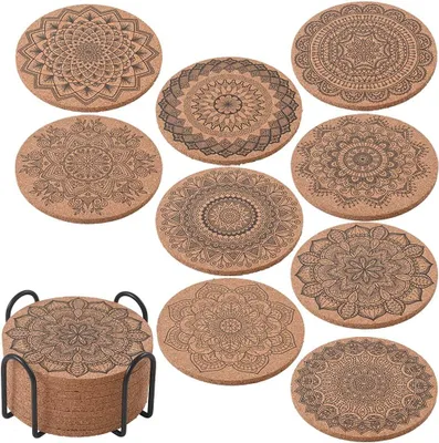 Produktbild von Untersetzer ionEgg Getränkeuntersetzer aus Kork, wiederverwendbarer, saugfähiger Tassenuntersetzer für kalte oder heiße Getränke, 9er-Pack mit Metallh