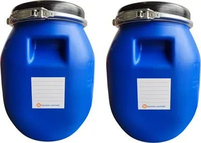 Produktbild von kanister-vertrieb® 2 Stück 30 Liter Deckelfass, Kunststofffass, Futtertonne, Fass, Weithalsfass Farbe blau mit Griffmulde inkl. Etikett (2 x 30 DGM)