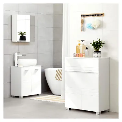 Produktbild von Badezimmerschrank mit Füßen, Aufbewahrungsschrank mit Schublade und Doppeltüren, verstellbares Regal, für Eingang und Flur, 60 x 30 x 80 cm, Weiß