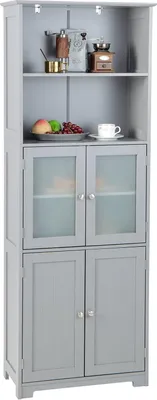 Produktbild von GOPLUS Badezimmerschrank mit Ablagen & Schänke, Hochschrank mit Glastüren & verstellbaren Regalen, Badkommode Aufbewahrungsschrank für Wohnzimmer, Bad & Küche (Grau)
