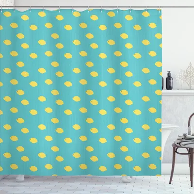 Image de ABAKUHAUS Rideau de douche bleu turquoise, motif répétitif de jolis poissons tropicaux sur des vagues fines, 175 x 200 cm, moutarde turquoise