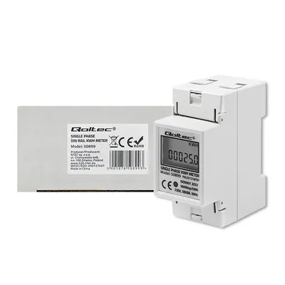 Produktbild von Qoltec 50899 Einphasiger elektronischer Energieverbrauchszähler | 230 V | LCD | 2P | DIN-Schiene