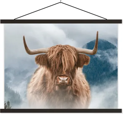 Produktbild von MuchoWow® Textilposter Schottische Hochlandrind - Nebel - Berge 60x45 cm mit schwarzem Rahmen - Poster Schlafzimmer