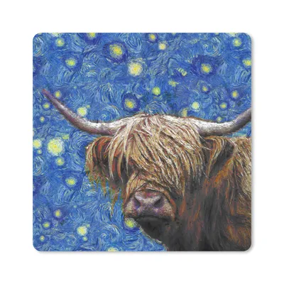Produktbild von MuchoWow® Mauspad Mousepad Van Gogh - Sternennacht - Schottischer Highlander 20x20 cm - Mousepads - Maus Mat - Pad - Mausunterlage - Desk Mat - Bureauartikeln