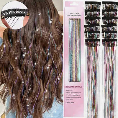 Produktbild von 12 Stück Hair Tinsel Extensions Clip In, Glitzer Haarsträhnen 50 cm Fairy Hair Zubehör für Mädchen & Party